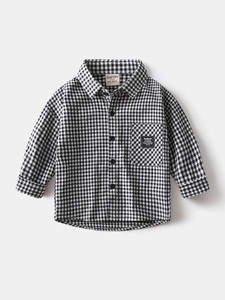 Boys Long Sleeve Gingham Check Shirt Korean Style Cotton Button Down Top Toddler Kids Fashion Plaid Pocket Casual Shirt