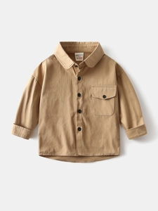Chemise classique kaki à manches longues en coton pour garçons avec poche de poitrine à plat