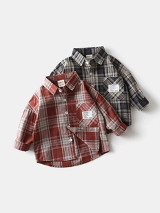 Toddler Boys Cotton Long Sleeve Plaid Shirt Casual Navy Red Button Down Top With Pocket For Kids Spring Autumn Clothing