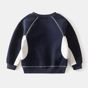 Detail view of boys fleece-lined sweatshirt showing colorblock stitching and ribbed hem