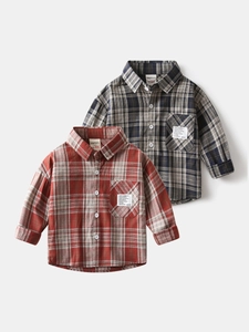 Set of two stylish plaid long-sleeve cotton shirts for boys in red and navy colors