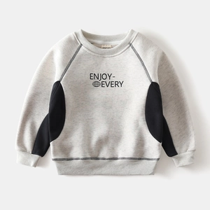 Detail of boys' colorblock sweatshirt showing contrast raglan sleeve seams and prints