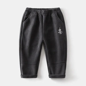 Detailed view of kids corduroy trousers with robot embroidery and elastic waistband