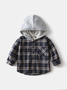 Chemise à capuche à carreaux bleu et orange pour garçons avec capuche en jersey gris