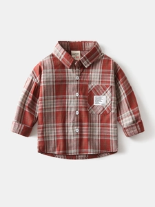 Kids long-sleeved red and grey plaid shirt with chest pocket and stylish woven label