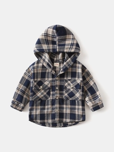 Kids plaid hooded flannel shirt with blue and beige check pattern and dual pockets