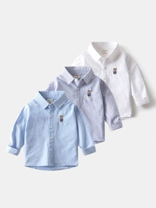 Chemise à Manches Longues en Coton pour Garçons Enfants Tissu Oxford Broderie Ours Col Carré Décontracté Haut Enfant