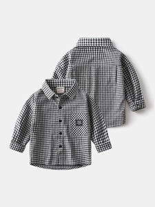 Classic black and white gingham long sleeve shirt for boys with a chest pocket