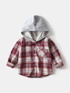 Chemise à carreaux rouge pour garçon avec capuche grise et manches longues décontractées