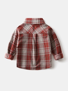 Classic red and beige plaid long sleeve kids shirt with back pleat and cotton texture