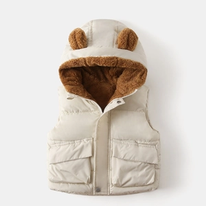 Detail of kids hooded vest with cute bear ears and thick warm fleece lining