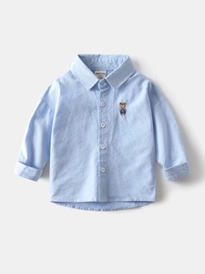 Chemise à manches longues bleu clair Oxford pour garçons avec broderie ours élégante