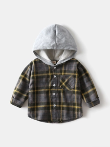 Chemise à manches longues à carreaux pour garçon avec capuche grise et motif vert jaune