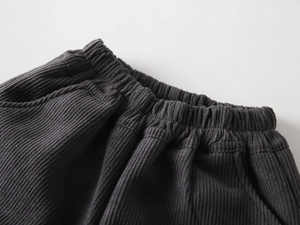 Detailed view of elastic waistband and thick corduroy fabric on gray winter pants
