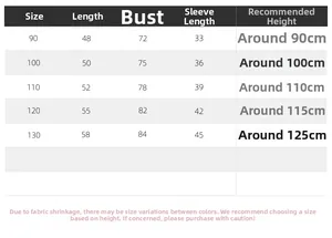 Detailed size chart for kids' hooded winter jacket covering heights from 90cm to 130cm