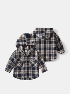 Kids plaid hooded shirt jacket with classic navy and beige checkered pattern for boys