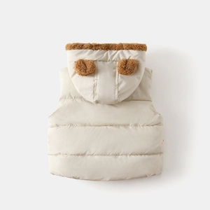 Close-up of baby hooded vest with plush bear ears and soft faux fur trim detail