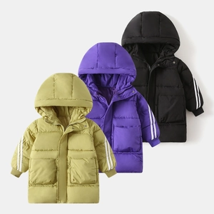Close-up of winter hooded parkas in lime, purple, and black with ribbed cuffs and pockets