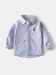 Chemise à manches longues rayée bleu et blanc pour garçon avec broderie ours
