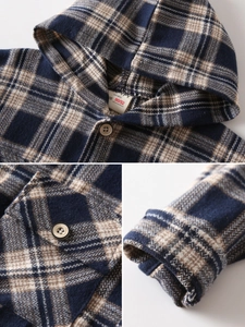 Kids plaid hooded shirt in navy and beige thick flannel fabric for autumn season