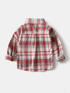 Camicia a quadri per bambini a maniche lunghe in flanella rossa e verde con piega