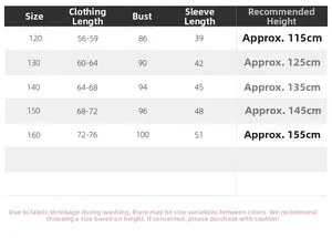 Size chart for boys padded winter jacket showing length, bust, and sleeve measurements