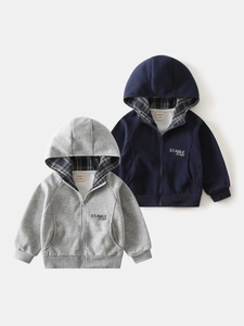 Jungen Kapuzenjacke mit Reißverschluss in Grau und Marineblau mit Karo-Innenfutter