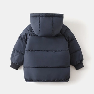 Back view of navy blue hooded padded jacket with quilted design and ribbed cuffs