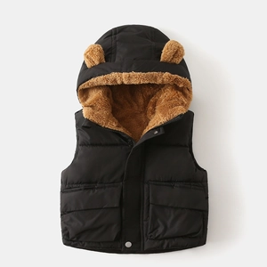 Detail of children's hooded vest with cute bear ears and soft teddy fleece lining
