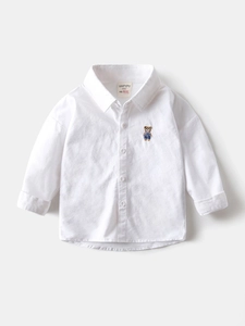 Chemise classique à manches longues en oxford blanc pour garçon avec broderie ours