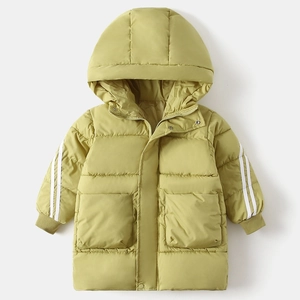 Flat lay of mustard green padded winter coat with hooded design and striped sleeves