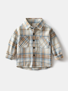 Camicia a quadri a maniche lunghe per bambini con doppie tasche in cotone beige