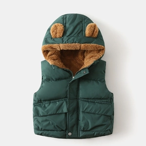 Detail of dark green hooded vest with cute bear ears and soft faux fur lining