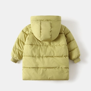 Back view of yellow hooded padded jacket for kids with horizontal quilting and ribbed cuffs