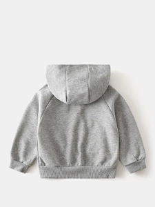 Rückansicht grauer Kapuzenpullover für Jungen mit Raglanärmeln und gerippten Bündchen