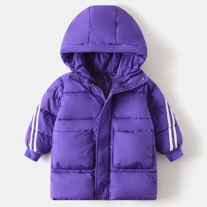 Close-up of children's purple hooded winter coat featuring white stripes and quilted texture