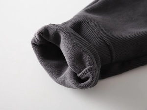 Macro shot of ribbed cuffs with thick dark grey fleece lining for warmth
