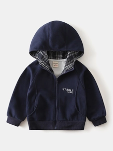 Marineblauer Kinder-Kapuzenpullover mit Karo-Futter und Reißverschluss, modisch