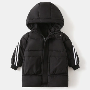 Detail showing windproof hood and black fabric on children's winter parka coat