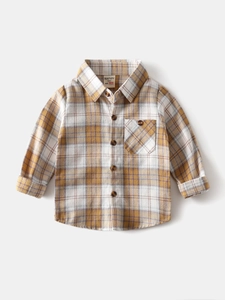 Classic yellow plaid long-sleeve cotton shirt for boys with front pocket and button closure
