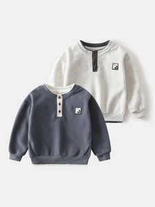 Kids' V-neck pullover hoodies with buttons in grey and blue, faux two-piece design