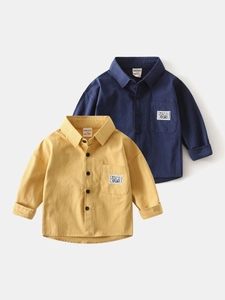 Boys Long Sleeve Cotton Shirt Casual Button Down Top With Letter Patch For Toddler Kids Fashion Autumn Clothing