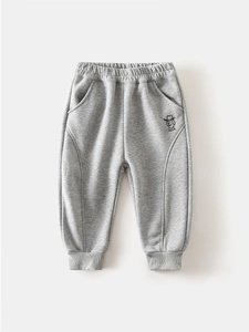 Pantalon de jogging gris doublé polaire pour enfant avec broderie chien mignonne