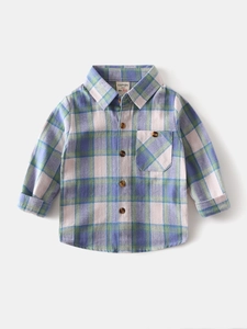 Classic plaid long sleeve cotton shirt for boys in purple and green with wood buttons