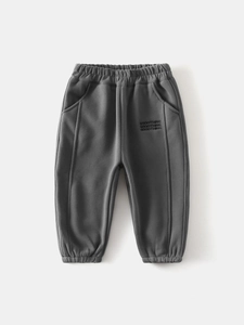 Thick fleece-lined dark grey boys joggers with GOODTHING letter embroidery for winter