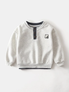 Toddler light grey long sleeve Henley sweatshirt with button V-neck and ribbed cuffs