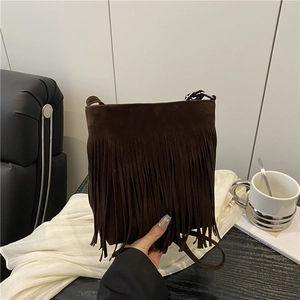 Sac Seau à Glands en Suédine de Style Bohème pour Femmes Sac Bandoulière Rétro à Franges Avec Bandoulière Réglable Sac à Main Mode Urbaine