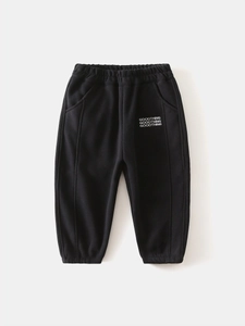 Boys black fleece lined winter sweatpants with Goodthing print and elastic waist