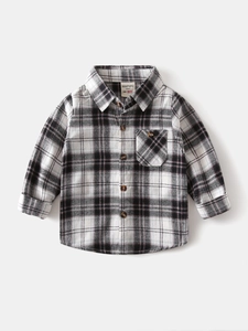 Classic black and white checkered boys flannel long sleeve shirt with front pocket