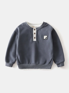 Kids grey blue V-neck sweatshirt with Henley buttons and embroidered fashion patch